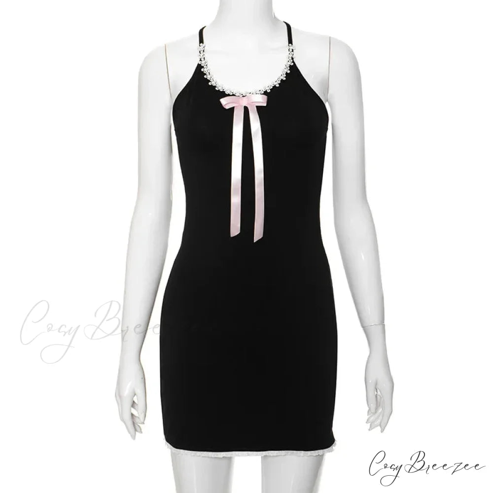 Lace Splice Bow Bandage Backless Black Bodycon Party Mini Dress Black / S