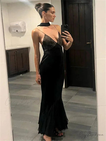 Lace-spliced Deep V-necked Meshed Tempting Clubwear-ready Evening Feminine Midi Dress