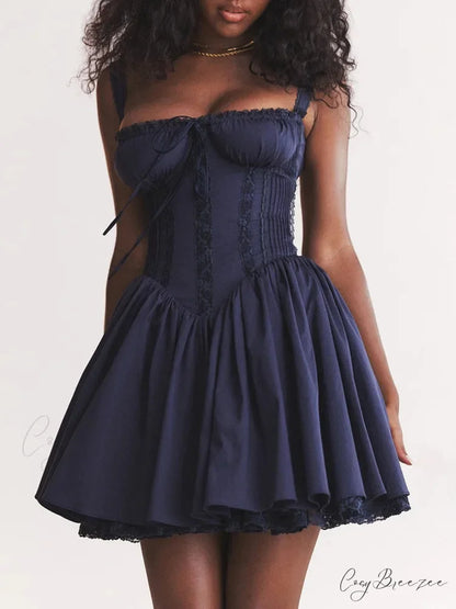 Lace Splicing Strap Mini Dress Navy Blue / S minidress-250223