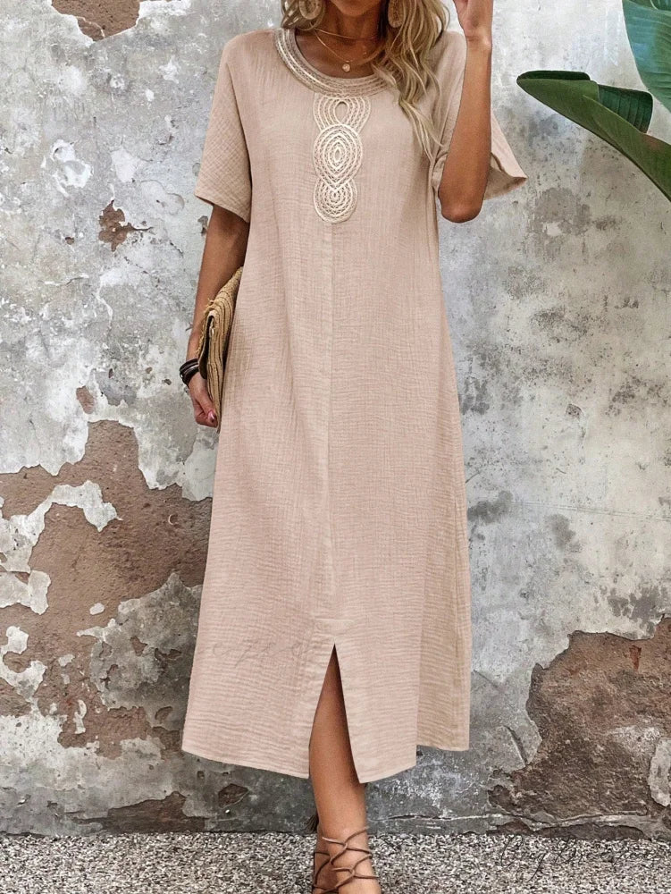 Lace Split Hem Tunic Dress Khaki / S