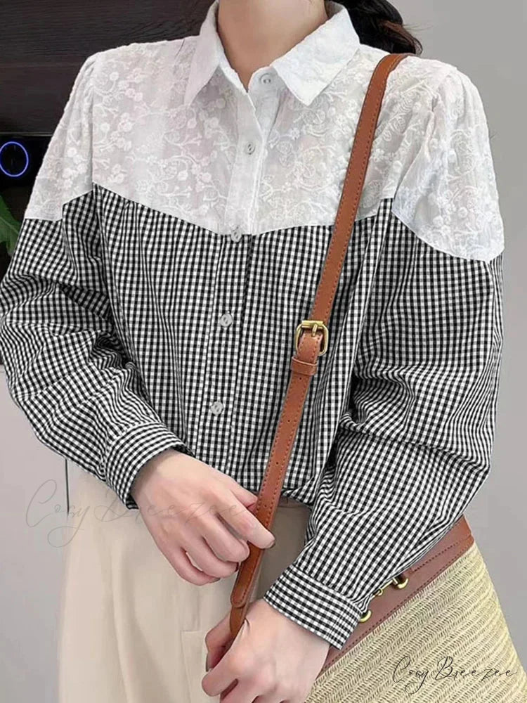 Lace Stitched Plaid Long Sleeve Boho Blouse Black / S blouse-250126