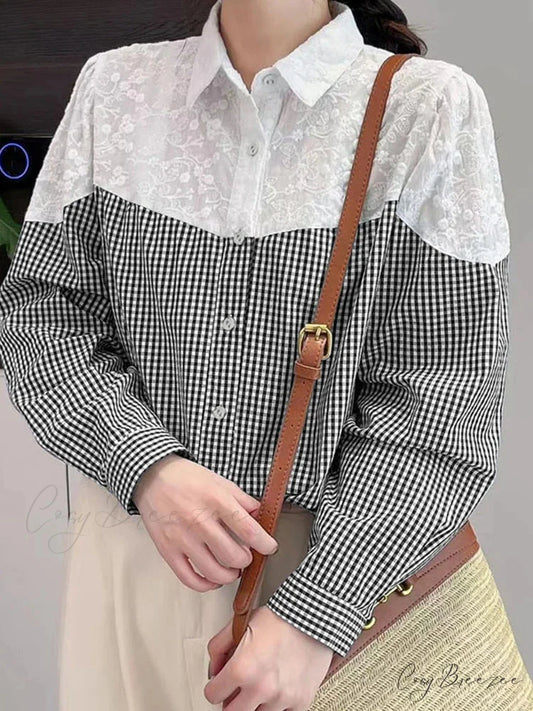 Lace Stitched Plaid Long Sleeve Boho Blouse Black / S blouse-250126