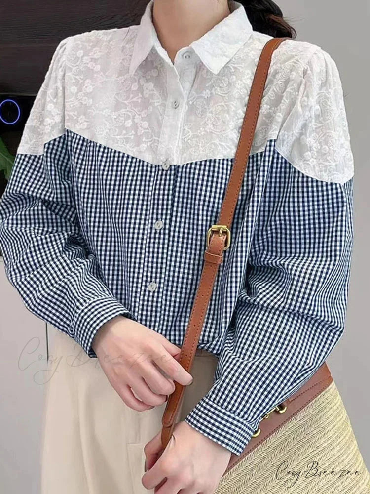 Lace Stitched Plaid Long Sleeve Boho Blouse Blue / S blouse-250126