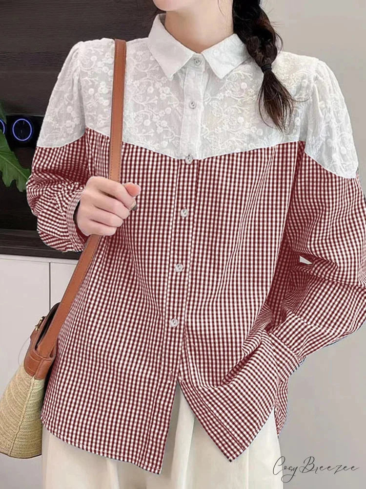 Lace Stitched Plaid Long Sleeve Boho Blouse Wine Red / S blouse-250126
