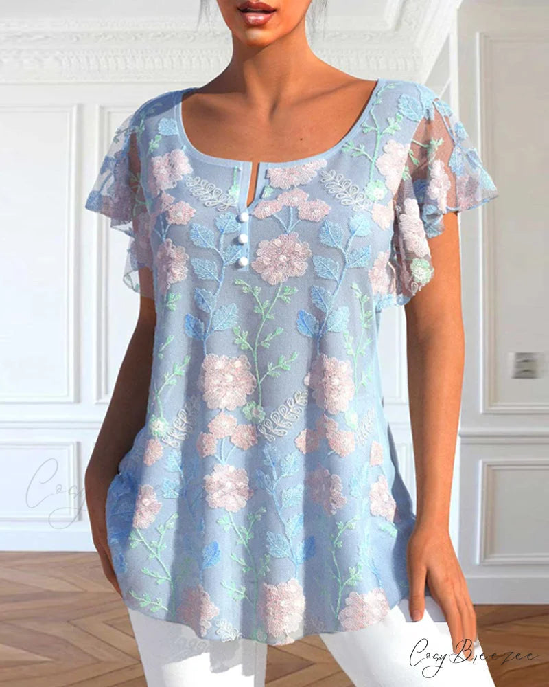 Lace T-Shirt with Flowered Print