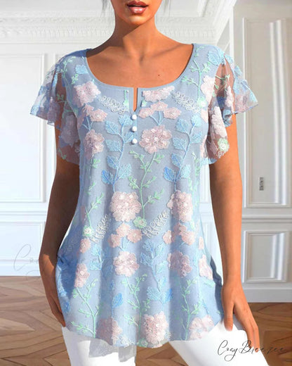Lace T-Shirt with Flowered Print Blue / S