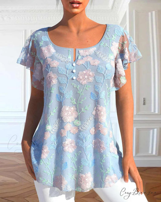 Lace T-Shirt with Flowered Print Blue / S