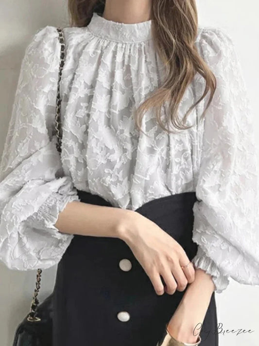 Lace Textured Long Sleeve Pleated Spring Blouse GRAY / S blouse-250126