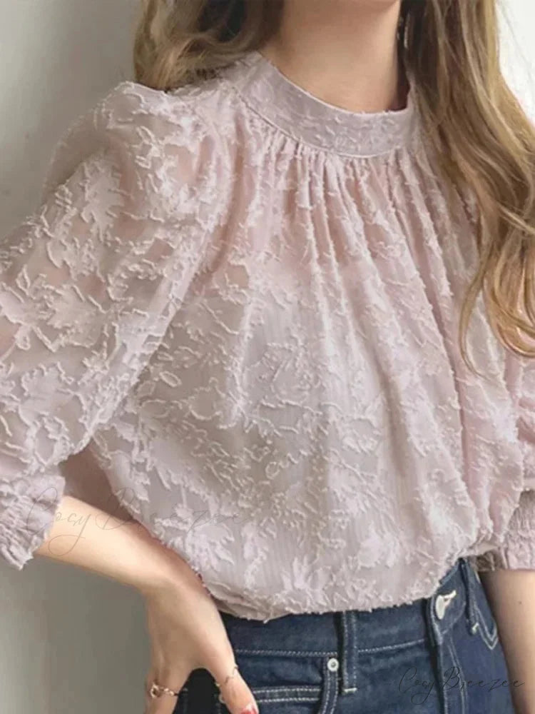 Lace Textured Long Sleeve Pleated Spring Blouse Pink / S blouse-250126