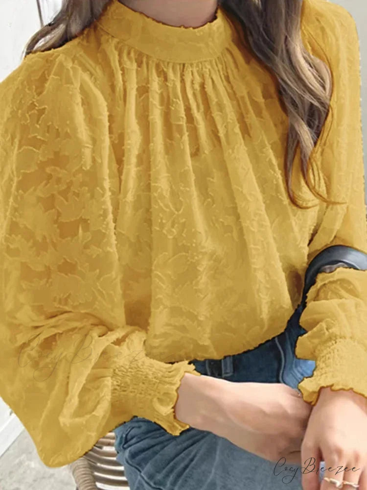 Lace Textured Long Sleeve Pleated Spring Blouse Yellow / S blouse-250126