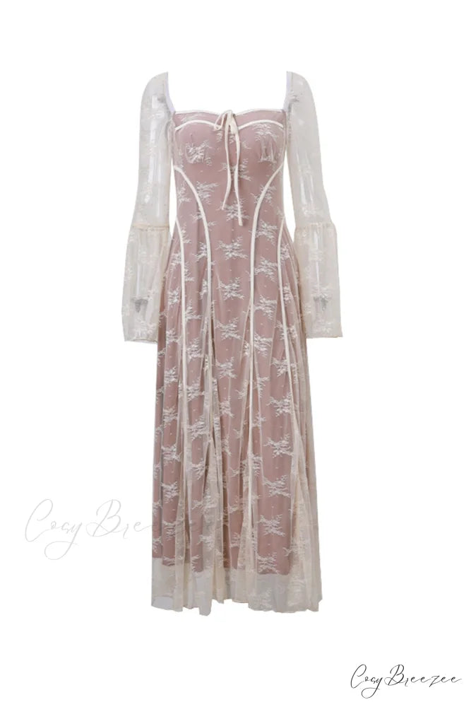 Lace Tie-up Flares Sleeve Midi Dress