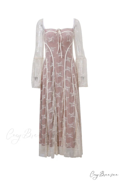 Lace Tie-up Flares Sleeve Midi Dress