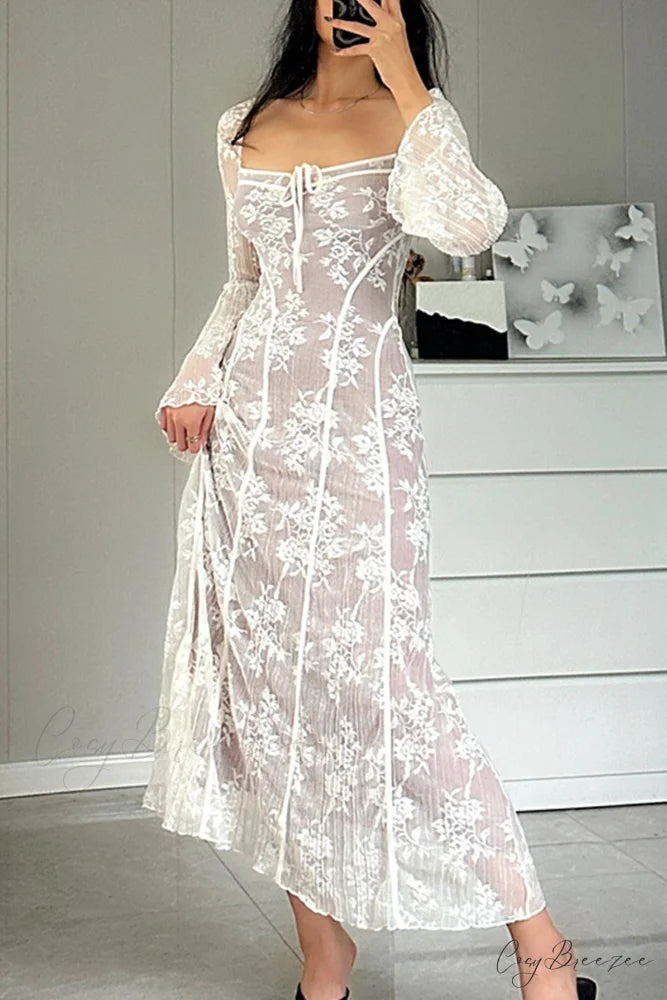 Lace Tie-up Flares Sleeve Midi Dress