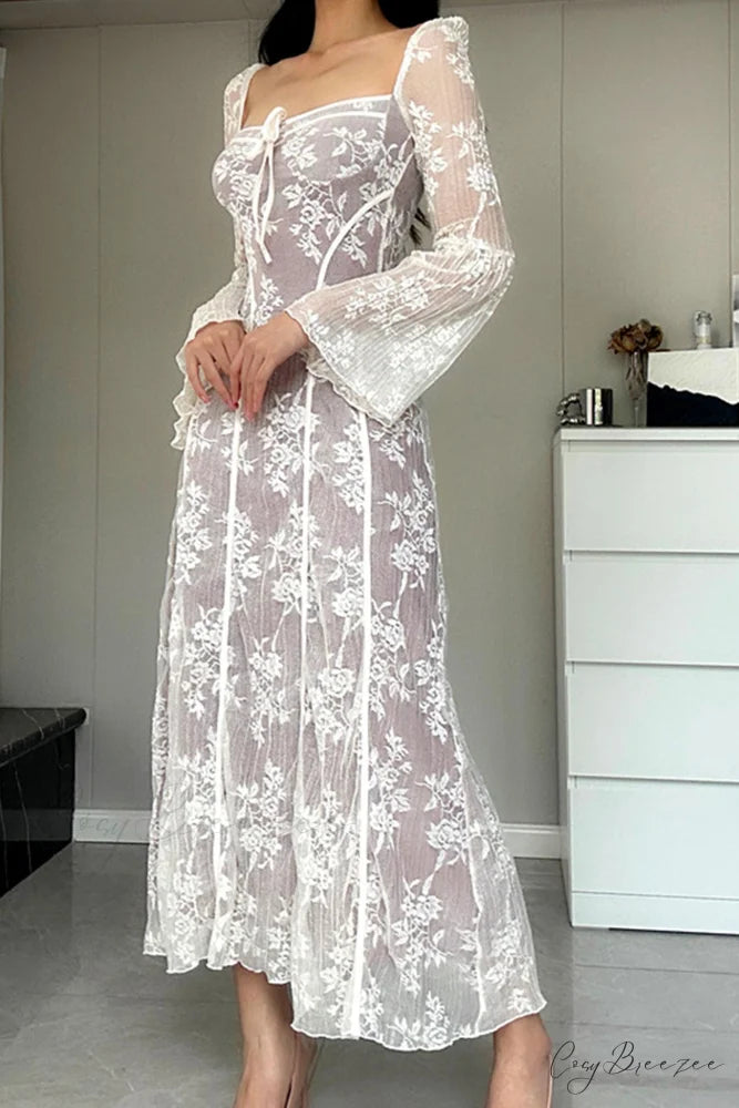 Lace Tie-up Flares Sleeve Midi Dress White / M