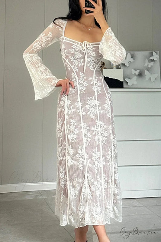 Lace Tie-up Flares Sleeve Midi Dress White / S