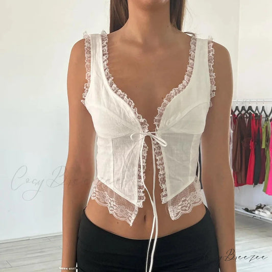 Lace Tie-Up Navel Crop Top WHITE / S croptop-250223