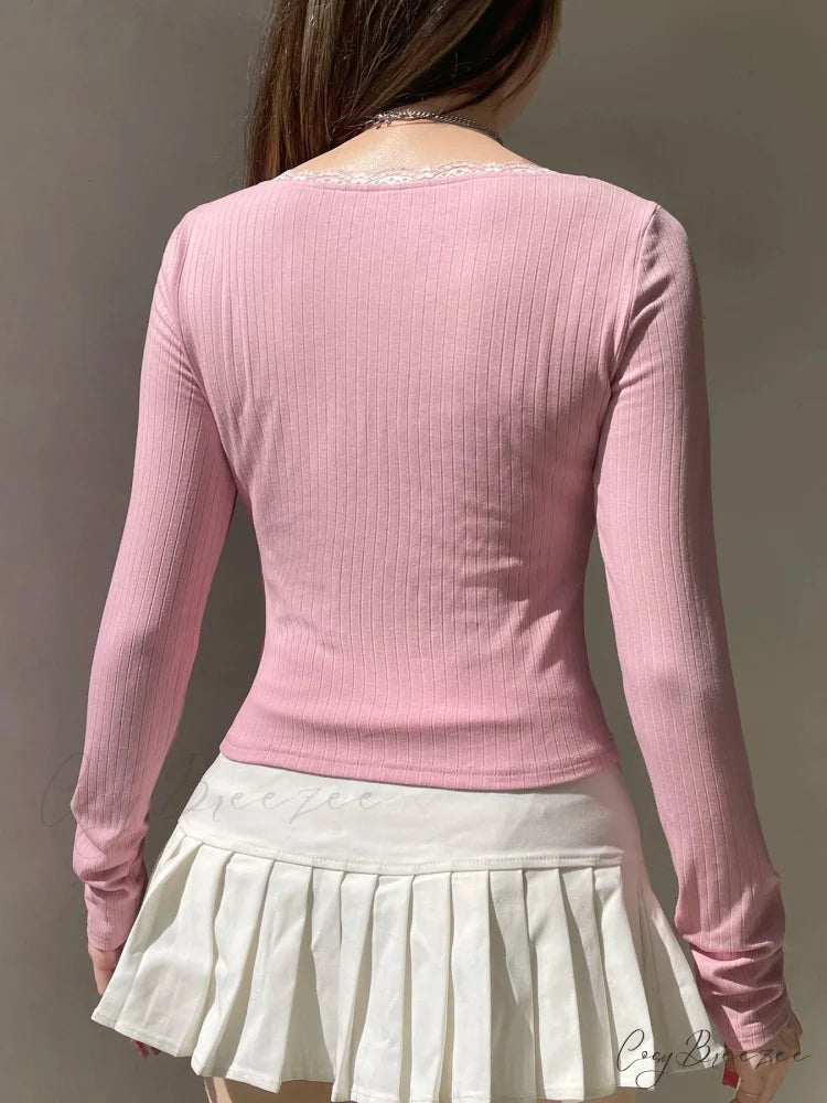 Lace Trim Cropped Slim Square Collar Long Sleeve Knit Top knittop-250126