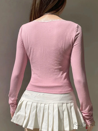 Lace Trim Cropped Slim Square Collar Long Sleeve Knit Top knittop-250126