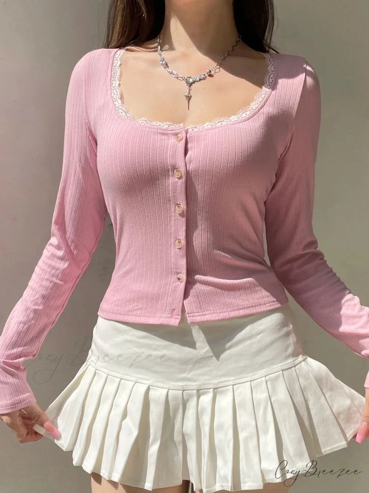 Lace Trim Cropped Slim Square Collar Long Sleeve Knit Top knittop-250126
