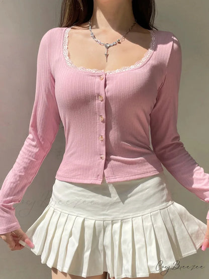 Lace Trim Cropped Slim Square Collar Long Sleeve Knit Top knittop-250126