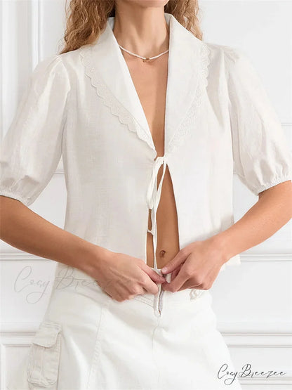 Lace Trim Front Tie-Up V-Neck Shirt blouse-250223