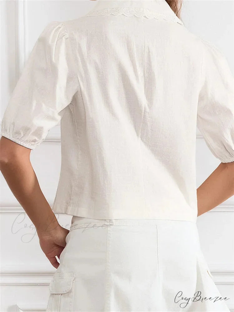 Lace Trim Front Tie-Up V-Neck Shirt blouse-250223