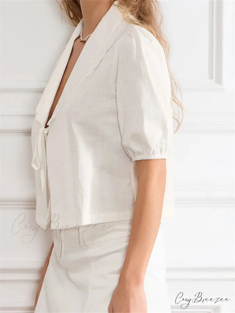 Lace Trim Front Tie-Up V-Neck Shirt blouse-250223