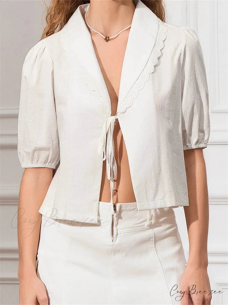 Lace Trim Front Tie-Up V-Neck Shirt white / S blouse-250223