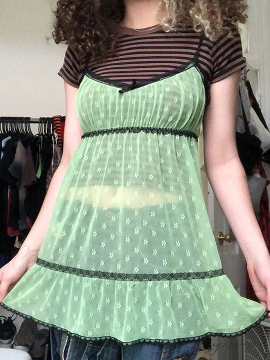 Lace Trim Graceful Floral Mini Dress Green / S