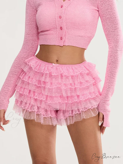 Lace Trim Multi-Layer Bloomer Shorts Pink / S short-250223