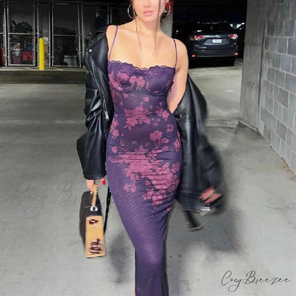 Lace Trim Print Maxi Dress PURPLE / S