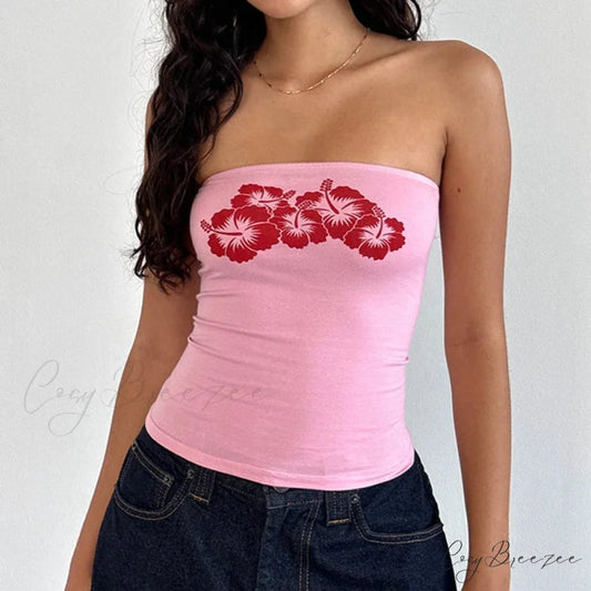 Lace Trim Slim Fit Y2K Summer Floral Sleeveless Casual Basic Crop Top Pink / S croptop-250126