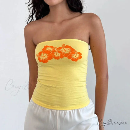 Lace Trim Slim Fit Y2K Summer Floral Sleeveless Casual Basic Crop Top Yellow / S croptop-250126