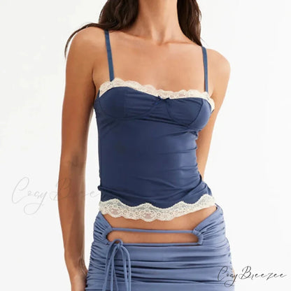 Lace Trim Spaghetti Strap Vintage Slim Crop Top Blue / S croptop-250126
