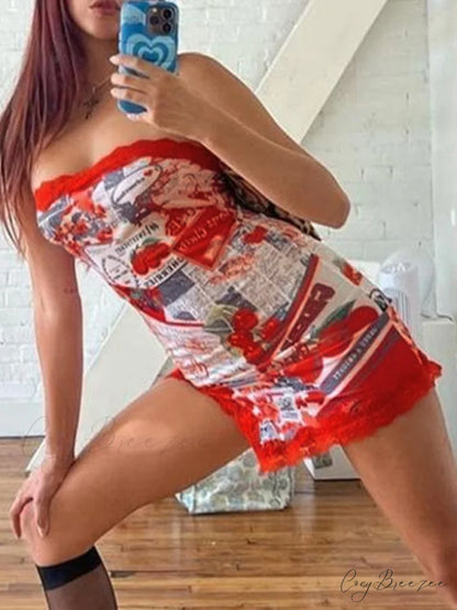 Lace Trim Split Trendy Open Back Mini Dress