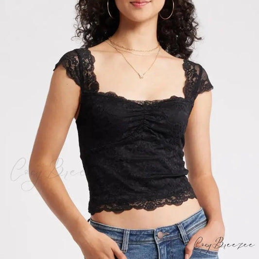 Lace Trimmed Short Sleeve Crop Top Black / S croptop-250223