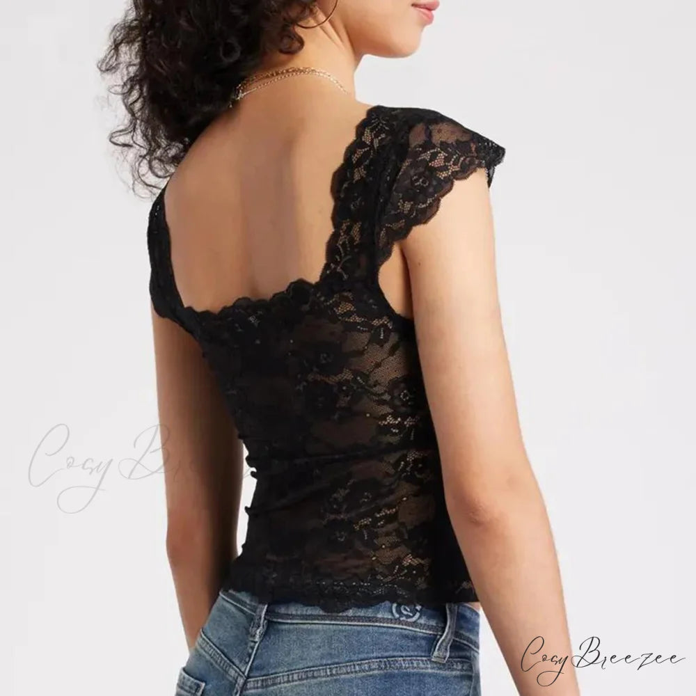 Lace Trimmed Short Sleeve Crop Top croptop-250223
