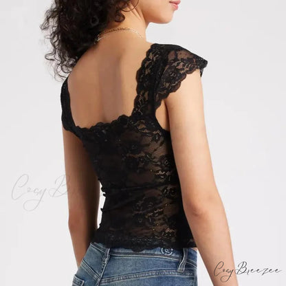 Lace Trimmed Short Sleeve Crop Top croptop-250223