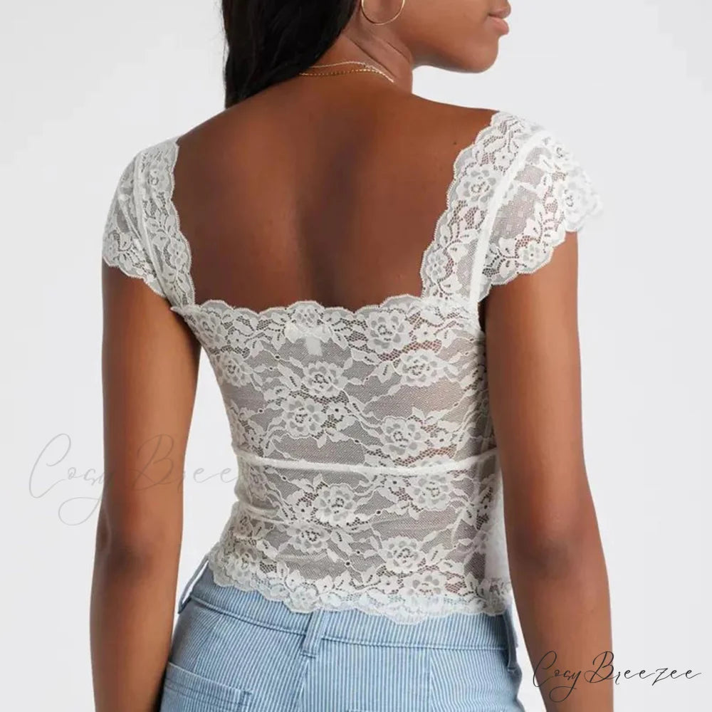 Lace Trimmed Short Sleeve Crop Top croptop-250223