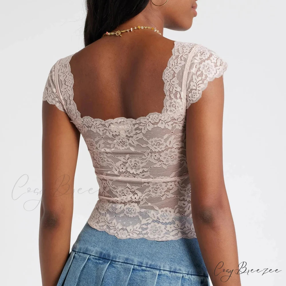 Lace Trimmed Short Sleeve Crop Top croptop-250223
