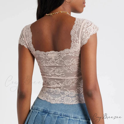Lace Trimmed Short Sleeve Crop Top croptop-250223
