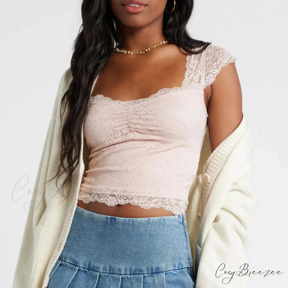 Lace Trimmed Short Sleeve Crop Top Pink / S croptop-250223