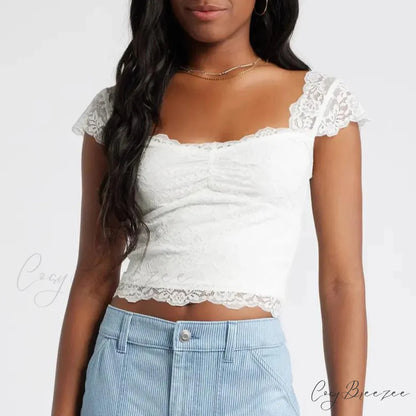 Lace Trimmed Short Sleeve Crop Top WHITE / S croptop-250223