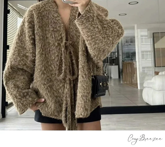 Lace-up Bow Brown Cardigan khaki / S