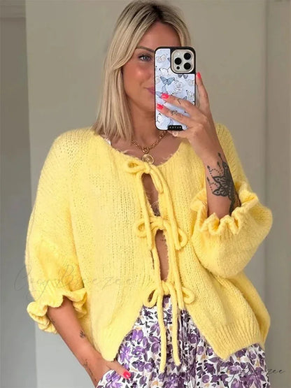 Lace Up Bow Flared Sleeve Loose Fashion Street Cardigan