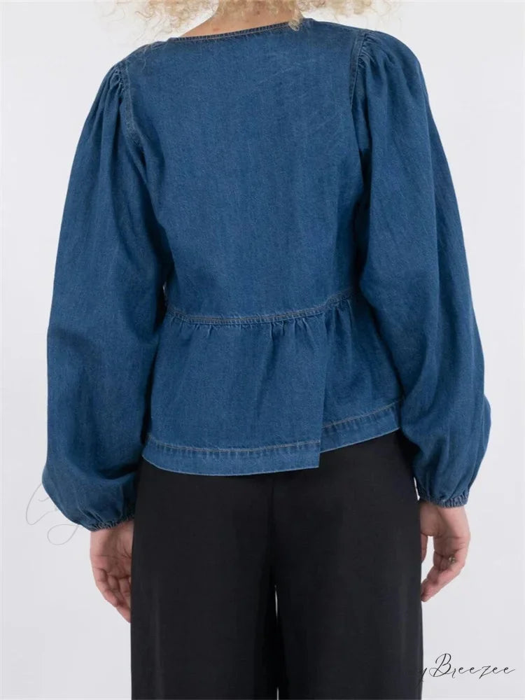 Lace-Up Denim V-Neck Shirt blouse-250223
