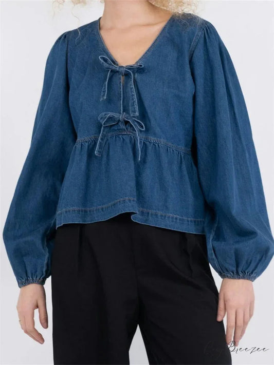 Lace-Up Denim V-Neck Shirt blue / S blouse-250223