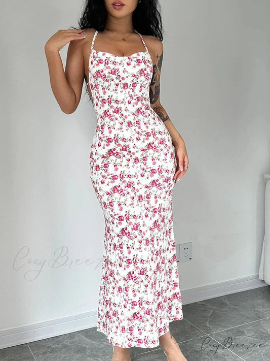 Lace-Up Halter Floral Backless Bodycon Dress floraldress-250126