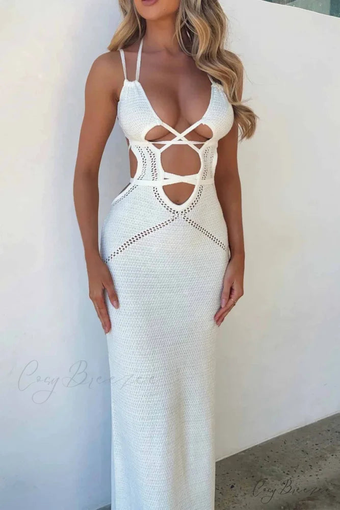 Lace Up Hollow Out Knitted Dress White / M