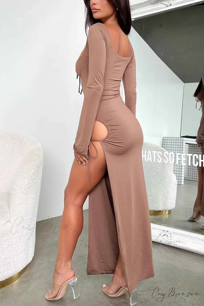 Lace Up Hollow Out Slit Dress with Long Sleeves Brown / M